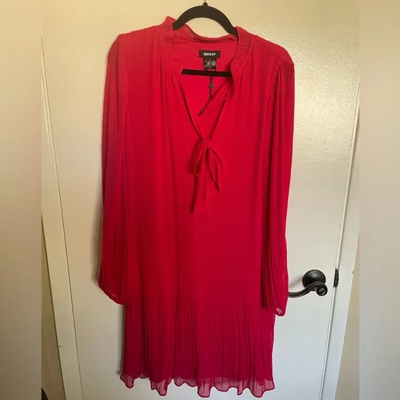Dkny | Dresses | Dkny Long Sleeve Pleated Shift Dress With Neck Tie |  Poshmark